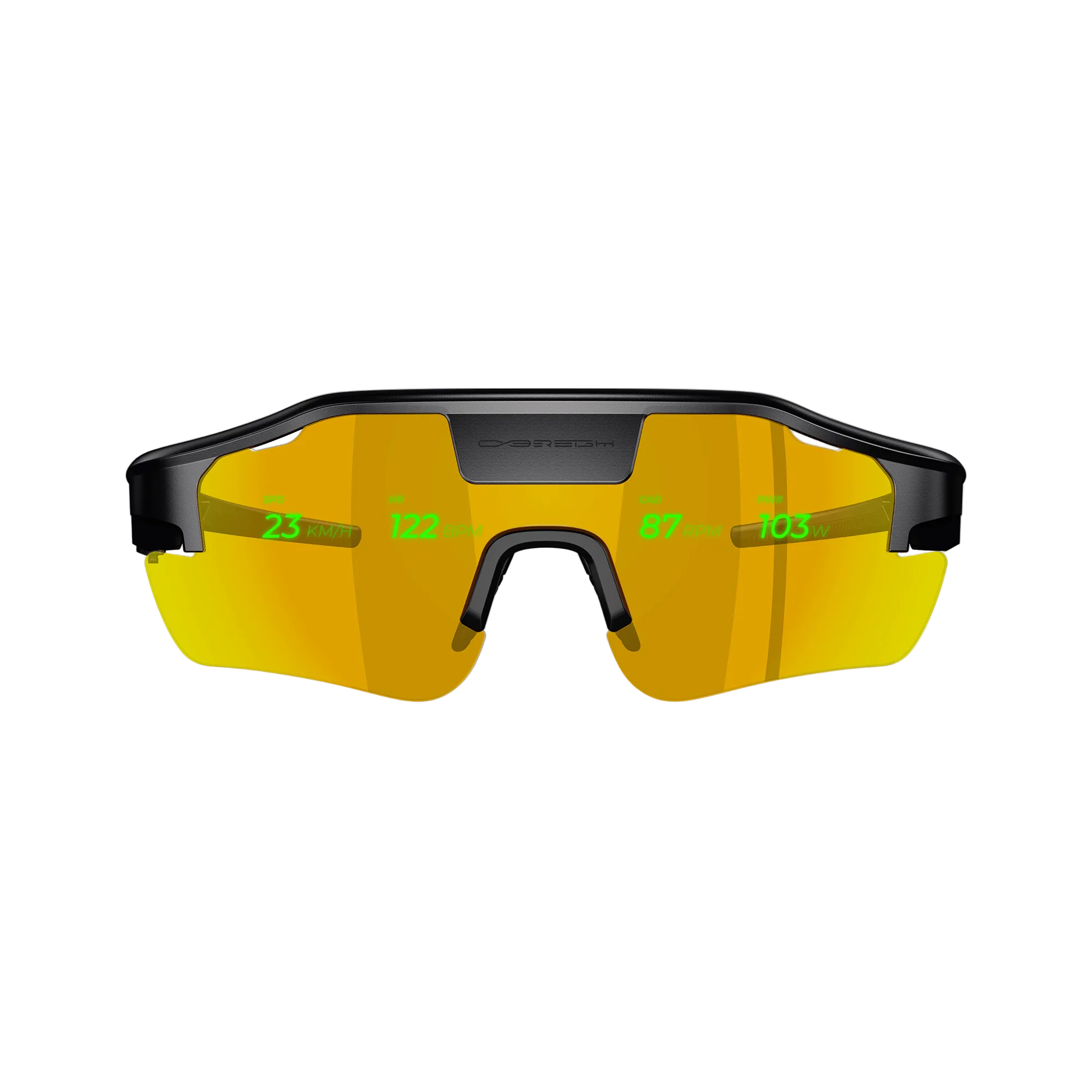Cybersight Zenith HUD glasses featuring gold lenses with an integrated digital overlay, isolated on white.