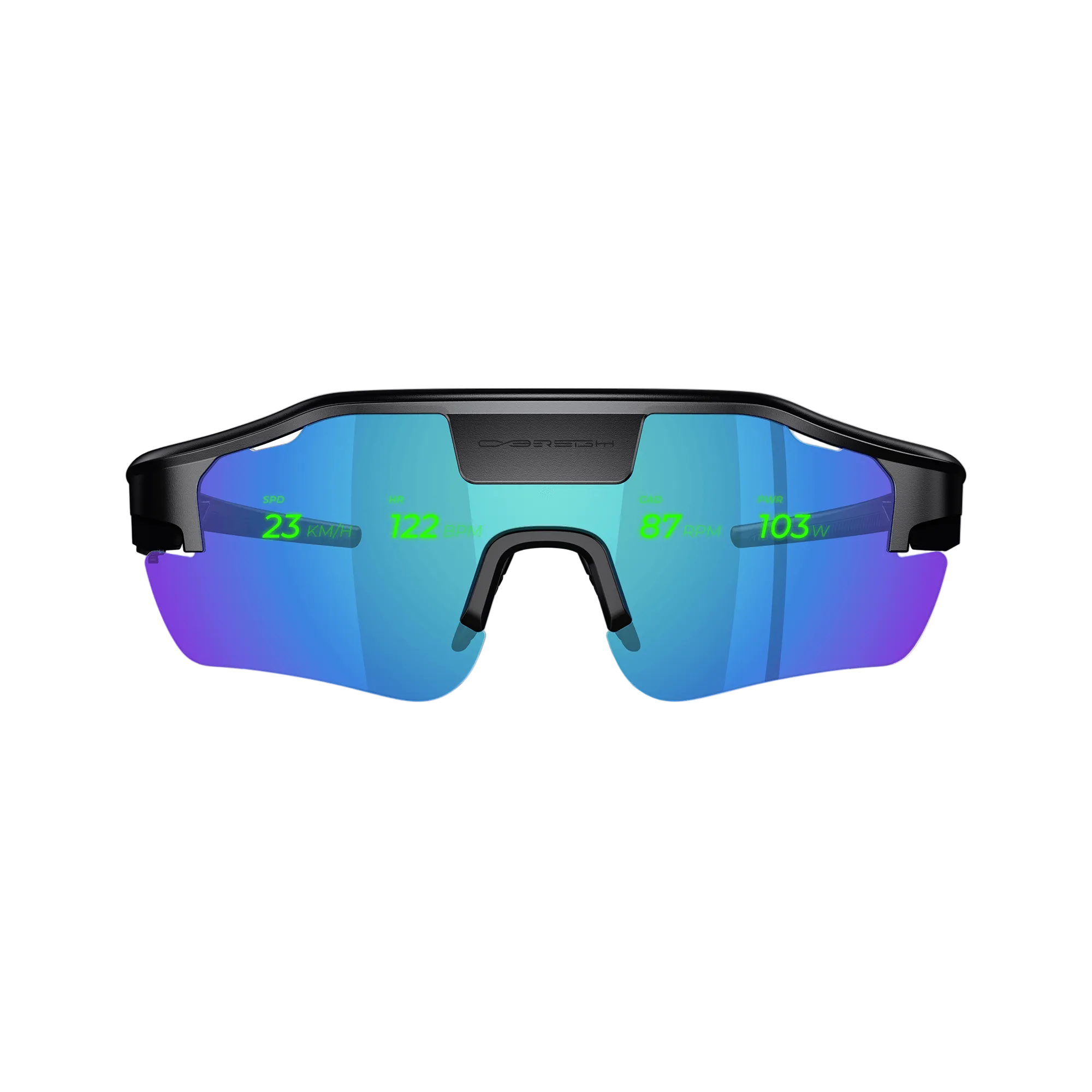 Cybersight Zenith HUD glasses featuring lake lenses with an integrated digital overlay, isolated on white.
