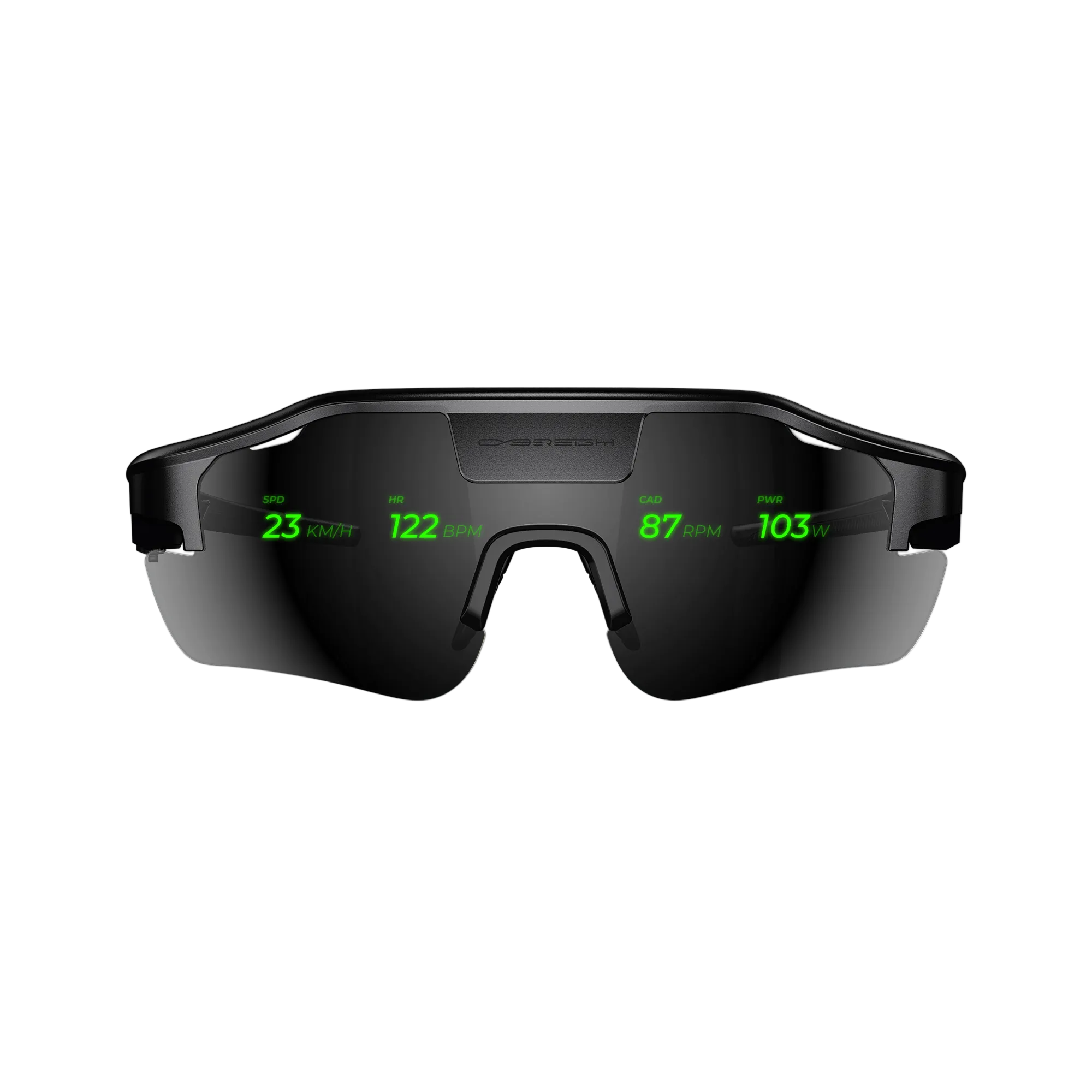 Cybersight Zenith HUD glasses featuring photochromic lenses with an integrated digital overlay, isolated on white.
