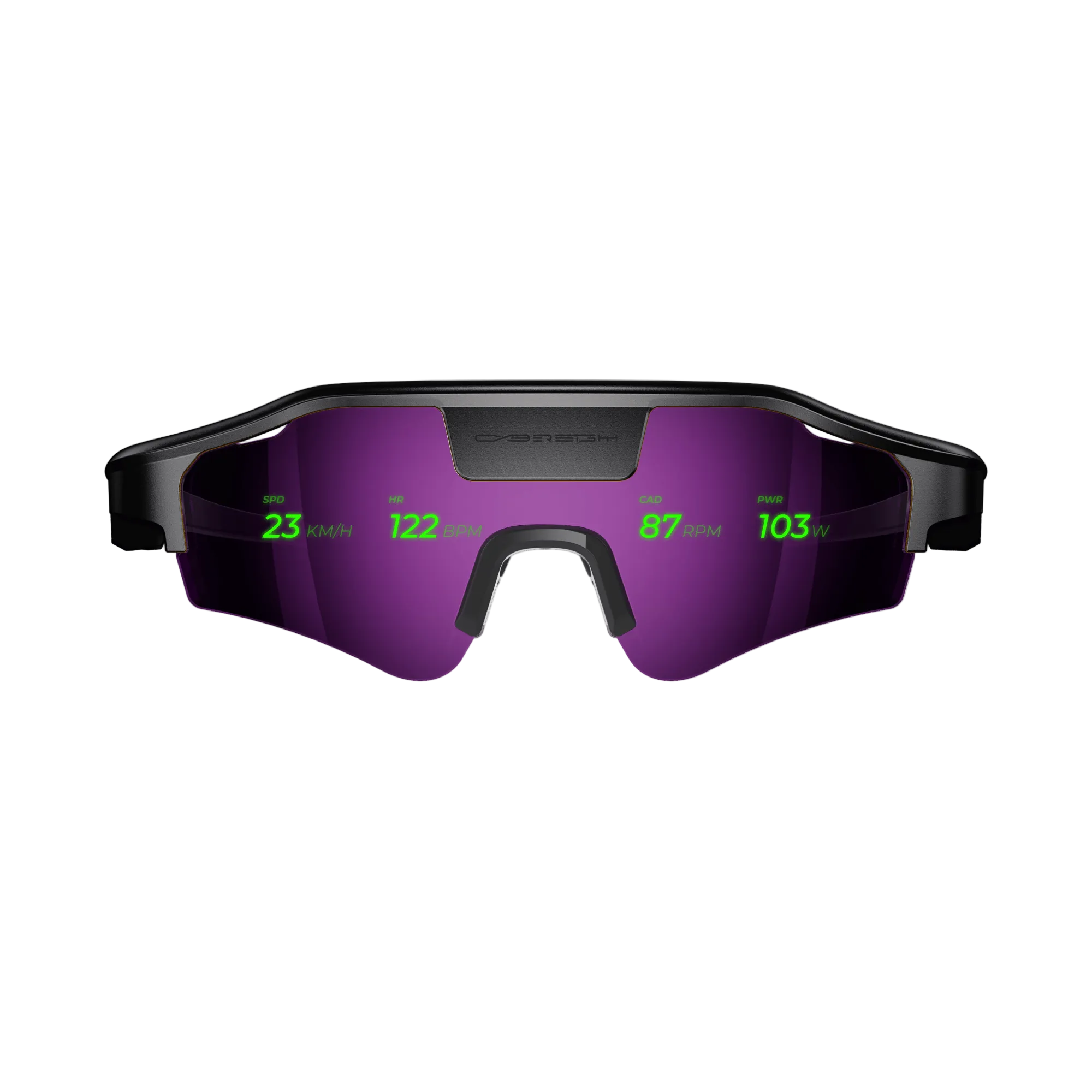 Cybersight Zenith HUD glasses featuring purple lenses with an integrated digital overlay, isolated on white.