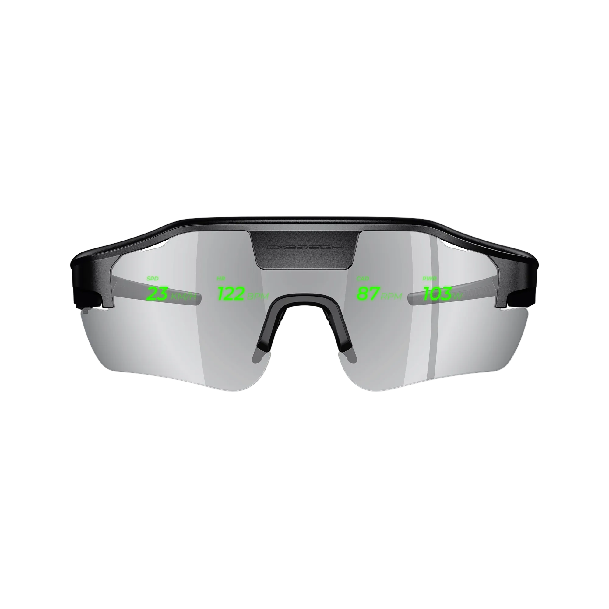 Cybersight Zenith HUD glasses featuring silver lenses with an integrated digital overlay, isolated on white.