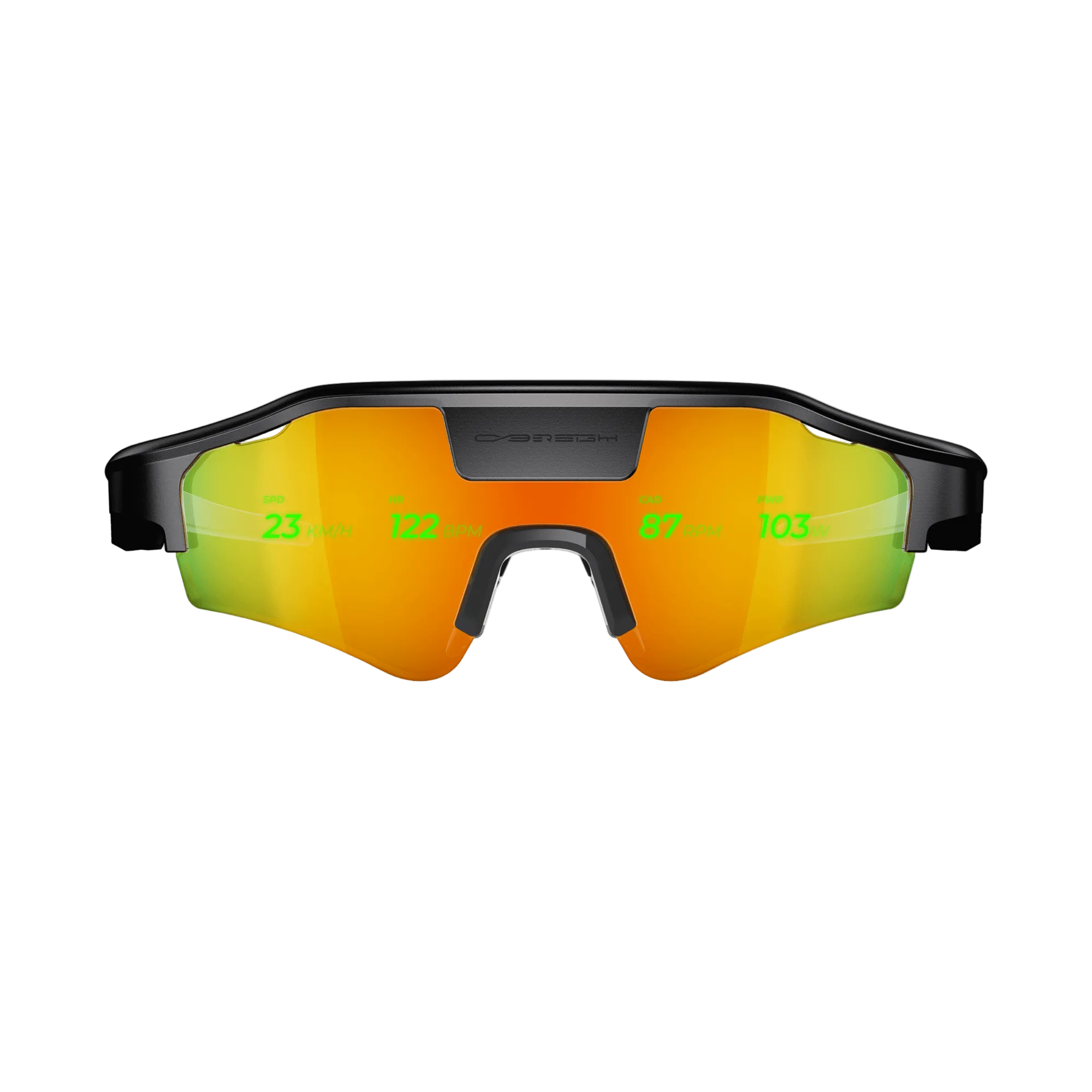 Cybersight Zenith HUD glasses featuring sunset lenses with an integrated digital overlay, isolated on white.