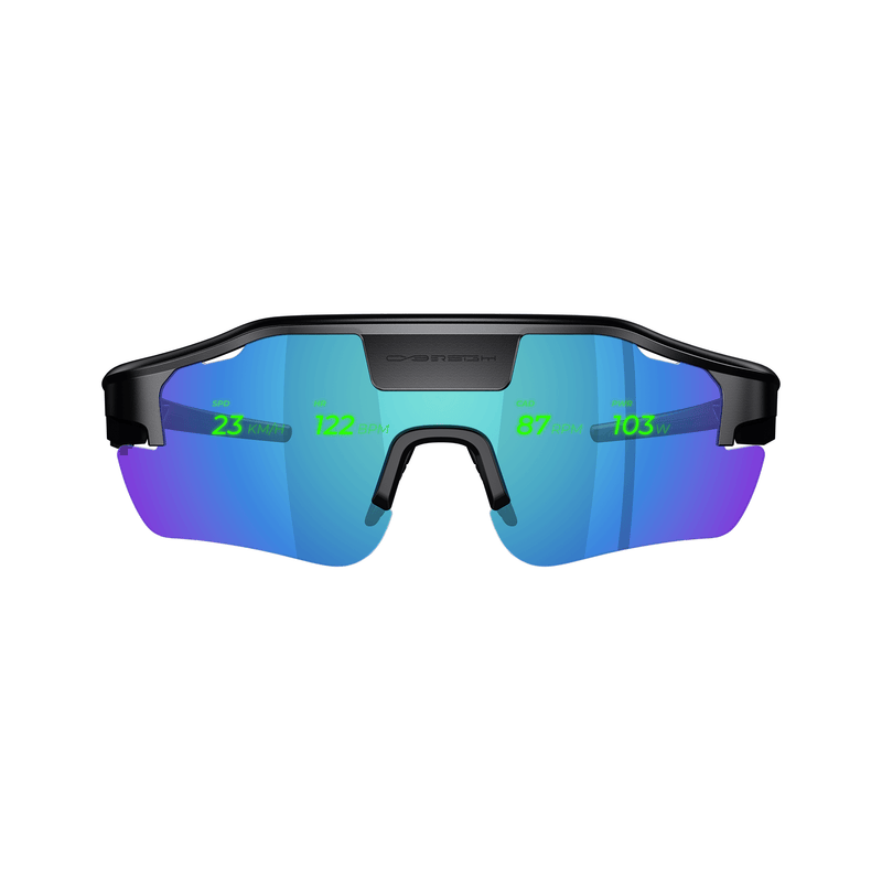 Cybersight Zenith HUD glasses featuring lake lenses with an integrated digital overlay, isolated on white.