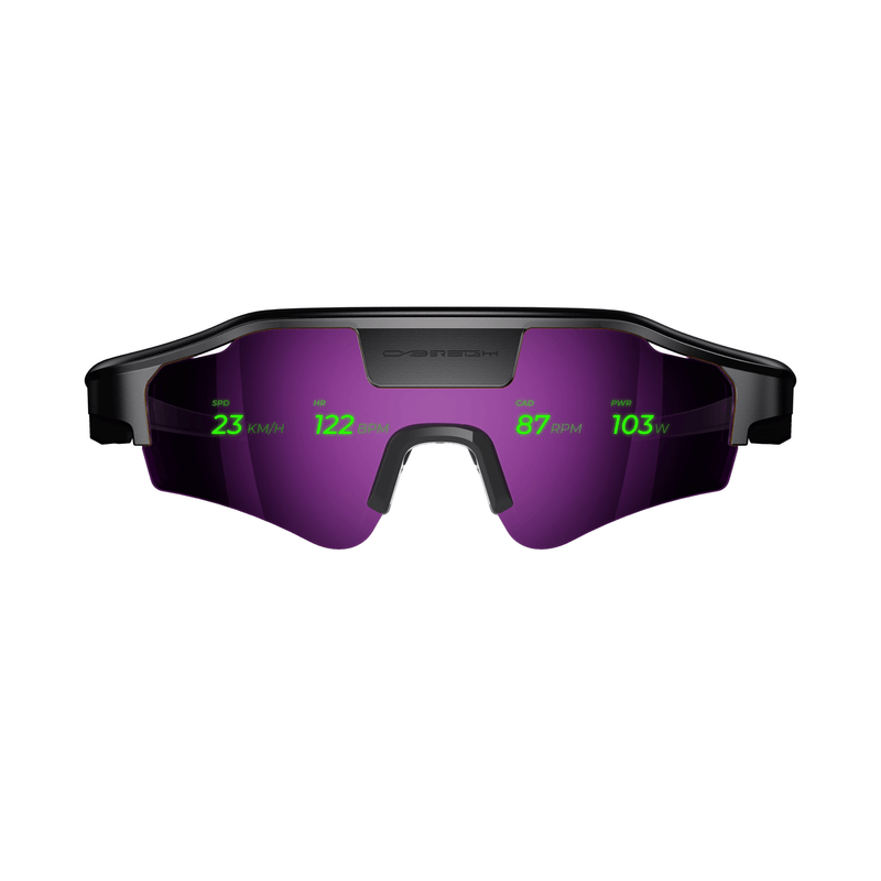 Cybersight Zenith HUD glasses featuring purple lenses with an integrated digital overlay, isolated on white.