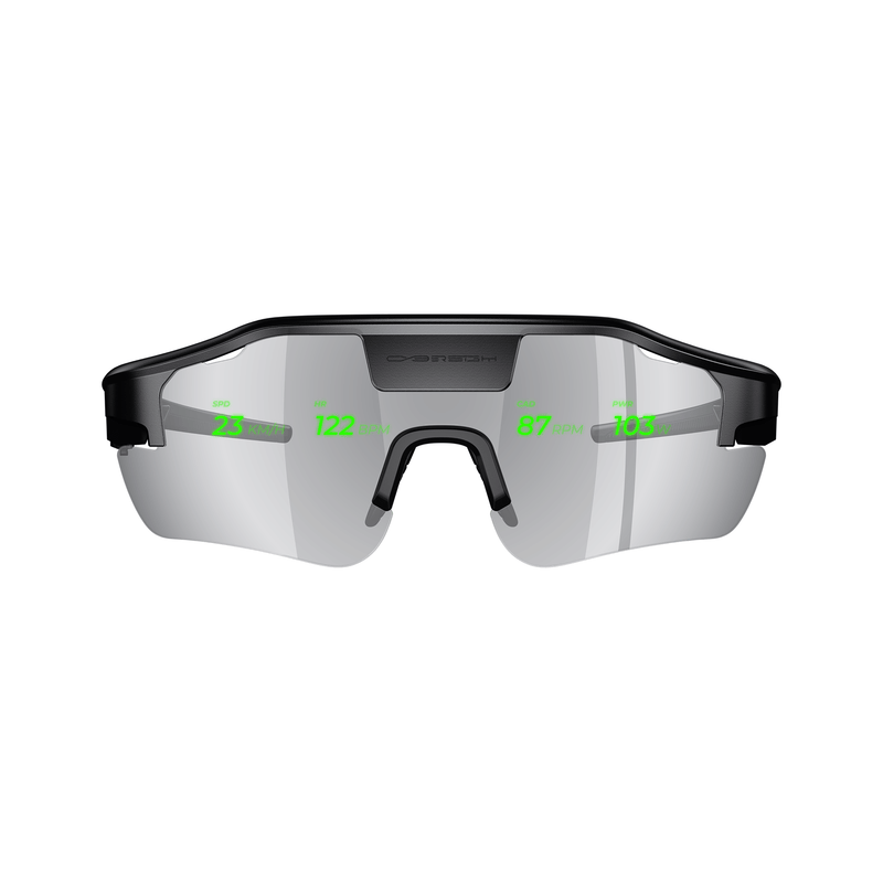 Cybersight Zenith HUD glasses featuring silver lenses with an integrated digital overlay, isolated on white.