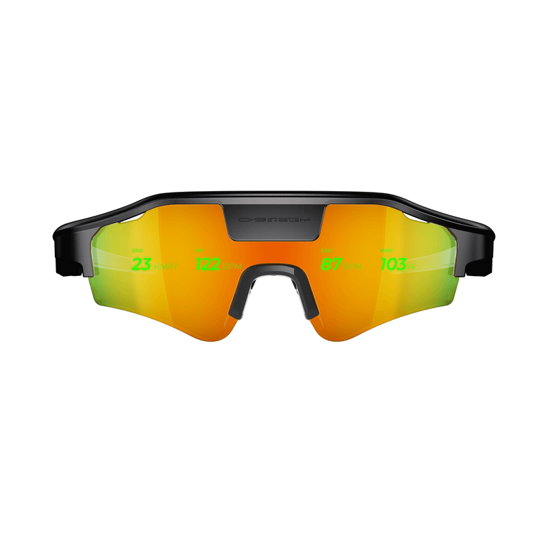 Cybersight Zenith HUD glasses featuring sunset lenses with an integrated digital overlay, isolated on white.